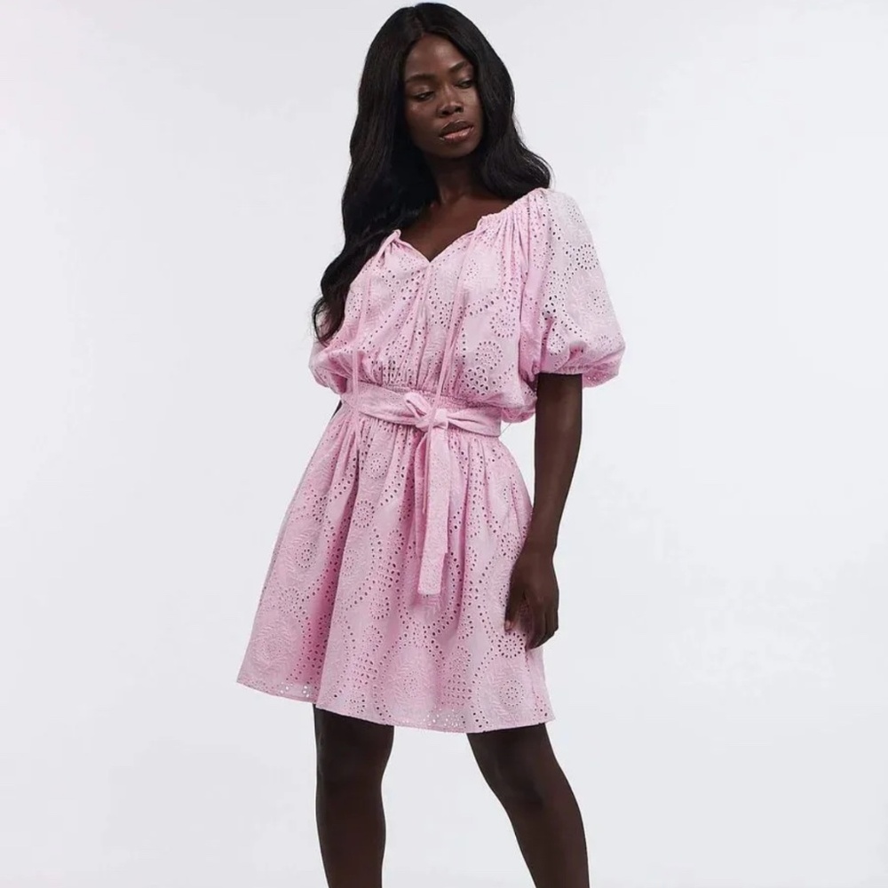 NWT Charlie Holiday Taylah Dress – Pink Eyelet Mini Dress with Front Bow (XS)